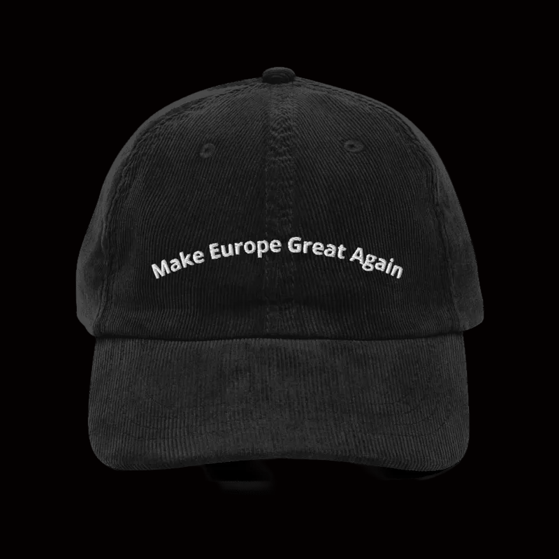 Black cap with 'Make Europe Great Again' text on a white background